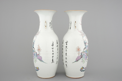 A tall pair of Chinese famille rose vases with beauties in a garden, 19th C.