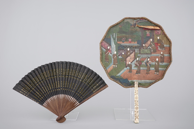 A Chinese ivory-handled kingfisher and peacok feather Mandarin handscreen and a paper fan, 19th C.