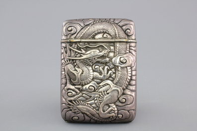 A Chinese silver cigarette case with dragons, marked, 19th C