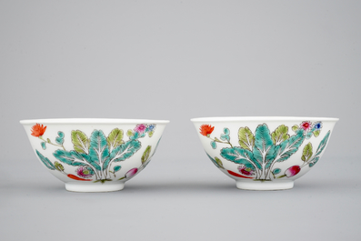 A Chinese famille rose bowl and two famille rose bowls with flowers