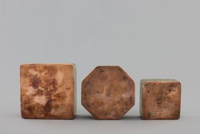 Three Chinese inscribed bronze seal boxes, 20th C.