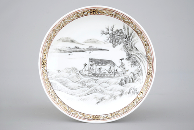 Two fine Chinese porcelain grisaille and gilt saucers, Yongzheng, 1722-1735