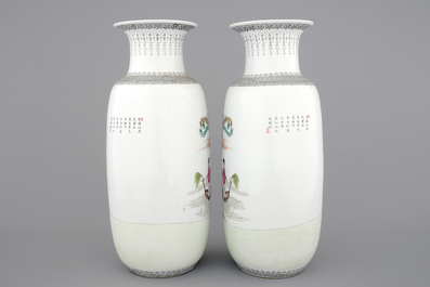 A tall pair of Chinese porcelain famille rose vases, Jingdezhen, 20th C.