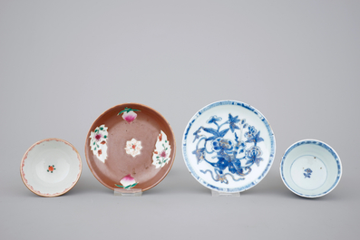 A group of 10 Chinese cups and saucers: Famille rose and batavia brown with blue, white and gilt, Kangxi-Qianlong, 18th C.