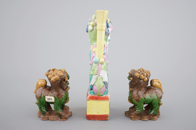 Three Chinese porcelain polychrome foo dogs, the verte biscuit pair, 18th, the other 19th C.