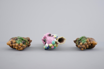 Three Chinese porcelain polychrome foo dogs, the verte biscuit pair, 18th, the other 19th C.