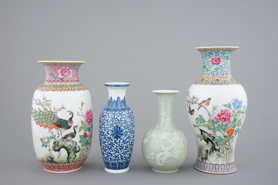 A group of 20th C. Chinese Jingdezhen porcelain: a dish and four vases