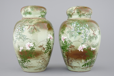 A tall pair of Japanese celadon-ground vases with covers, ca. 1880