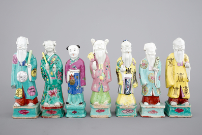 A nice group of 7 Chinese porcelain figures of immortals, 19th C.