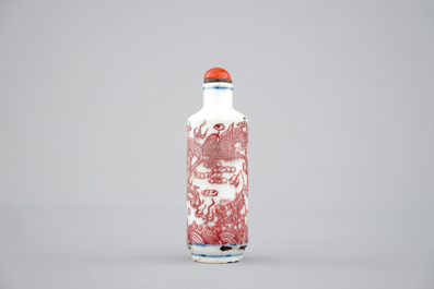 A Chinese blue, white and iron red dragon snuff bottle, ca. 1900