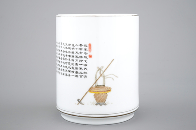 A Chinese box and cover with a winter landscape and a brush pot, 20th C.