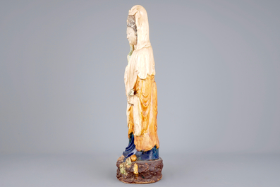 A tall Chinese sancai pottery figure of a guanyin, prob. Ming Dynasty