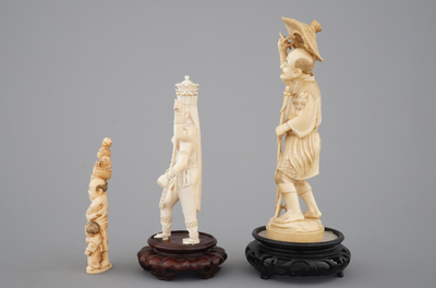 Three carved ivory figures, Japan and India, 19th C.