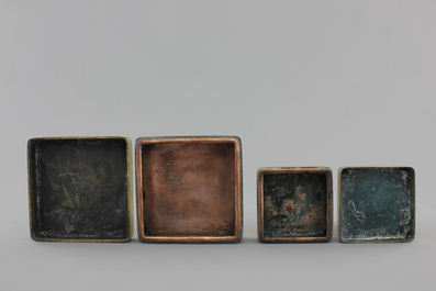 Three Chinese inscribed bronze seal boxes, 20th C.