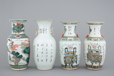 A set of four Chinese famille verte and wucai vases, 19th C.