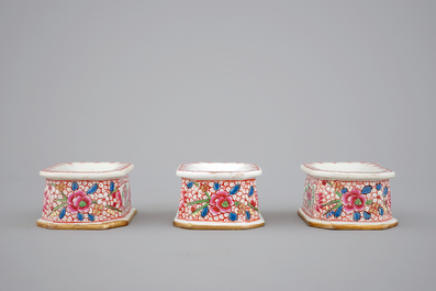 Three Chinese porcelain famille rose salts and five small plates, 18th C.