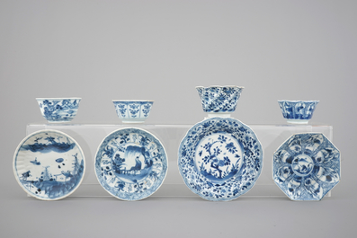 A large collection of Chinese blue and white cups and saucers, mostly Kangxi, 18th C.