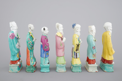 A nice group of 7 Chinese porcelain figures of immortals, 19th C.