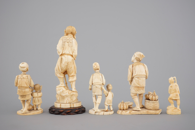 Five Japanese ivory okimono carved figures, late Meiji - early Taisho, 19th to early 20th C.
