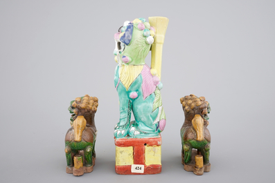 Three Chinese porcelain polychrome foo dogs, the verte biscuit pair, 18th, the other 19th C.