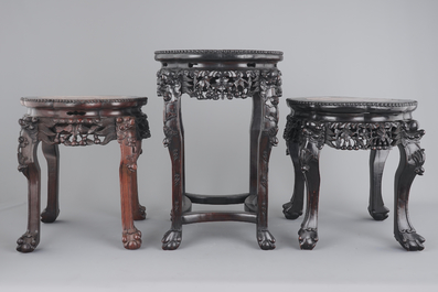 Three carved Chinese wood marble top vase stands, 19/20th C.