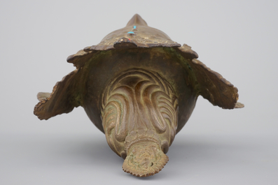 A tall gilt bronze head of a Boddhisatva with semi-precious stones, Tibet, 17/18th C.