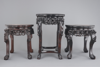 Three carved Chinese wood marble top vase stands, 19/20th C.