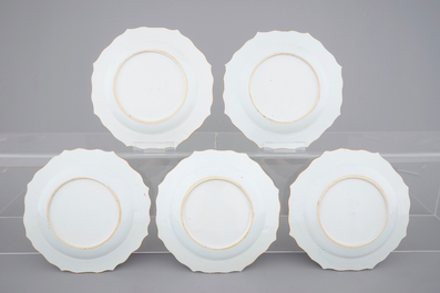 A set of five unusual Chinese famille rose porcelain plates, Yongzheng-Qianlong, 1st half 18th C.