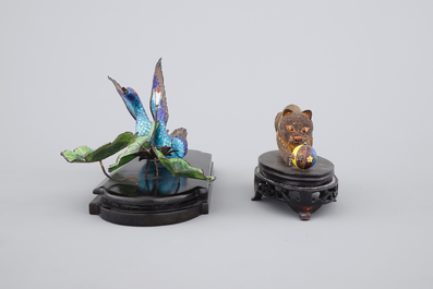 Two Chinese enameled silver groups, ca. 1940, a cat and two geese