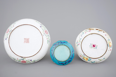 Chinese Canton enamel: two plates and a cup with saucer, 19th C.