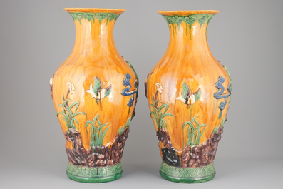 A pair of very tall Chinese sancai glazed vases, 1st half 20th C.
