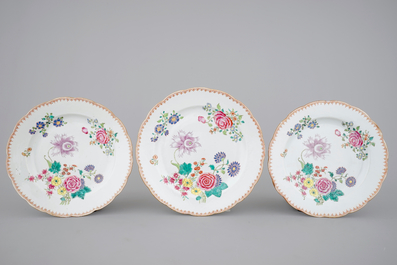 Three Chinese famille rose export porcelain dishes, Qianlong, 18th C.