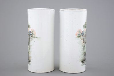 A pair of Chinese porcelain landscape hat stands, 19/20th C.