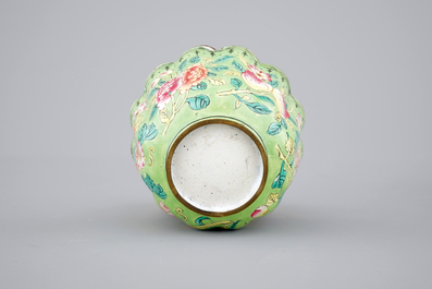 Chinese Canton enamel: two plates and a cup with saucer, 19th C.