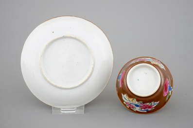 A set of five Chinese famille rose and batavia brown cups and saucers, 18th C.