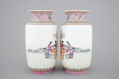 Two fine Chinese Republic famille rose porcelain rouleau vases, Jingdezhen, 20th C.