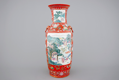 An unusual tall Chinese porcelain coral red ground vase, 19th C.