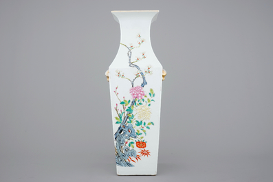 A tall square Chinese famille rose vase, 19th C.