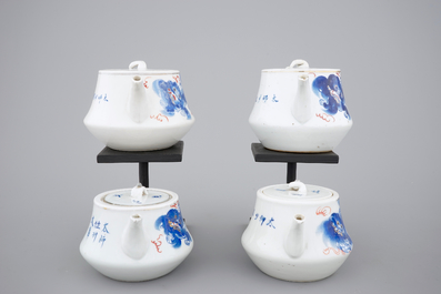 A rare set of four matching teapots with covers, 19/20th C.