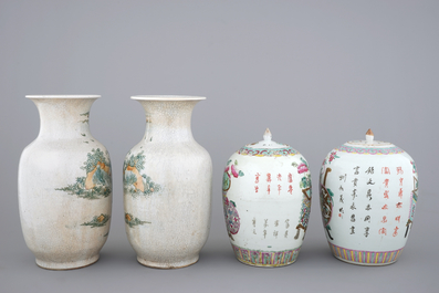 A pair of Chinese crackle glaze vases and two famille rose jars, 19/20th C.