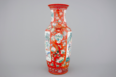 An unusual tall Chinese porcelain coral red ground vase, 19th C.