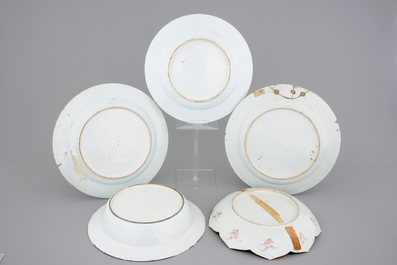 Five large Chinese porcelain famille rose dishes, 18th C.