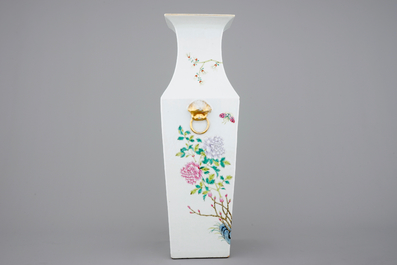 A tall square Chinese famille rose vase, 19th C.