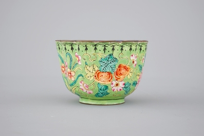 Chinese Canton enamel: two plates and a cup with saucer, 19th C.