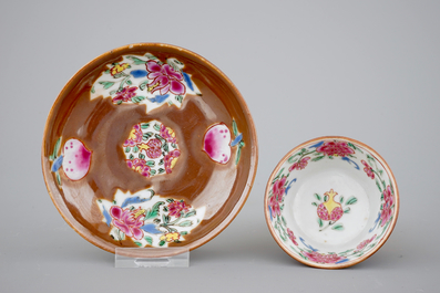 A set of five Chinese famille rose and batavia brown cups and saucers, 18th C.