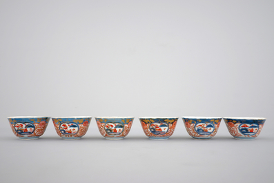 Six Japanese Imari porcelain cups and saucers, 18th C.