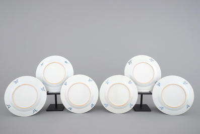 A set of six Chinese blue and white figural plates, Qianlong, 18th C.