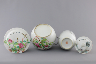 A Chinese porcelain famille rose jar w. cover and a bowl w. cover, 19/20th C.