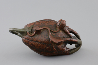 A Chinese Yixing pewter-mounted buddha's hand shaped teapot, 18/19th C.