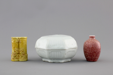 A Qingbai box and cover and two miniature vases, 18th C.